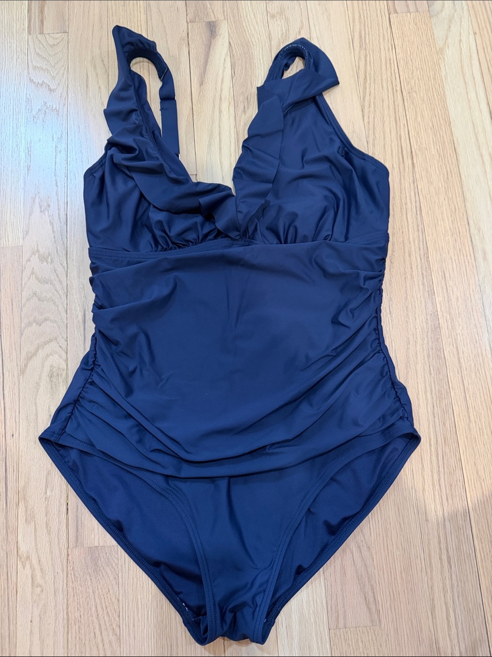 DKNYC Navy One-Piece Swimsuit with Ruffle V-Neck